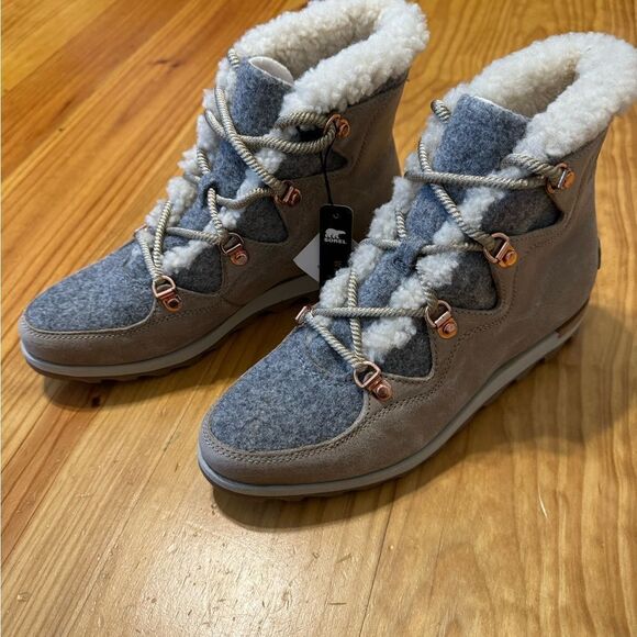 Sorel Boot Sneakchic Faux Alpine Shearling Lined Felt Suede Taupe Women’s 7 Rare - Picture 4 of 12